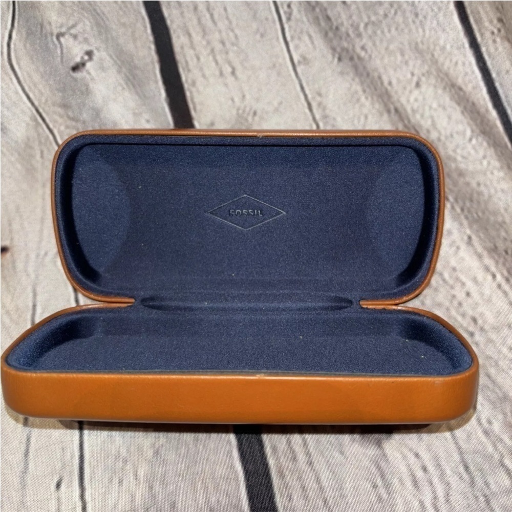 Fossil Hard Eyeglasses Case Blue Felt Lining Rectangular Glasses Holder Brown - Picture 2 of 3